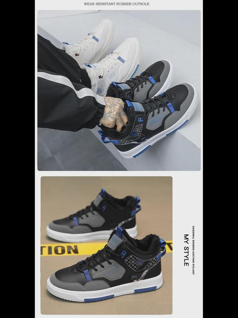 Adidași de iarnă pentru bărbați, cu vârf înalt, din bumbac și catifea: Pantofi de zăpadă la modă, călduroși, casual pentru sport și tineret.