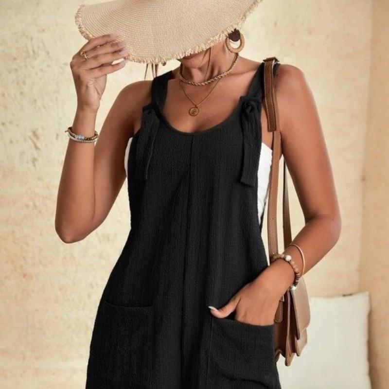Women Summer Jumpsuit Casual Sleeveless Short Overalls Strappy Romper Simple Loose Fit Solid Color with Pockets for Office Streetwear Travel Beach