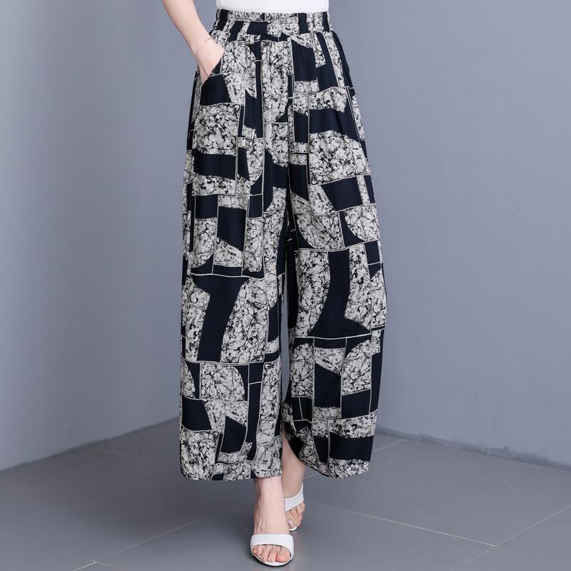 Women's Plus Size Cotton Silk Printed Wide Leg Pants, Elastic Waist Casual Summer Trousers (XL-5XL)
