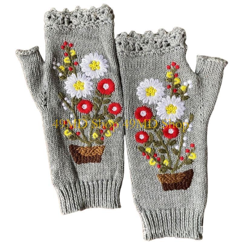 49MD Knitted Fingerless Gloves Wrist Length Mittens Embroidered Flower Mittens