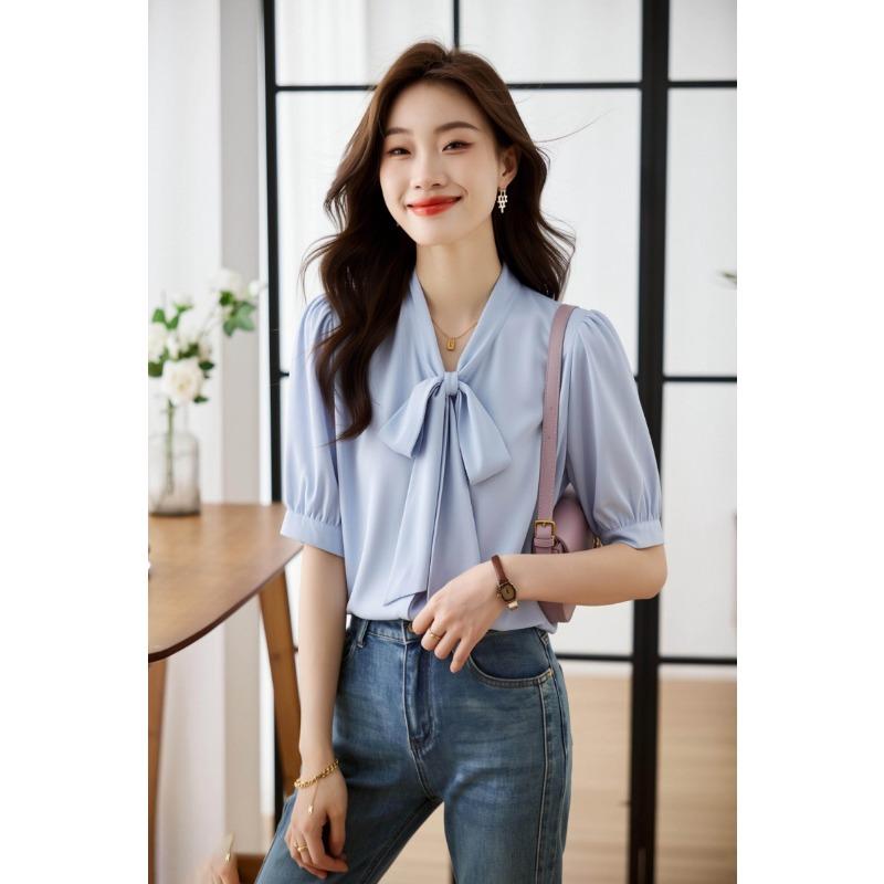 Women Bow Tie Satin Blouse V Neck Short Sleeve Office Wear Solid Color Shirt