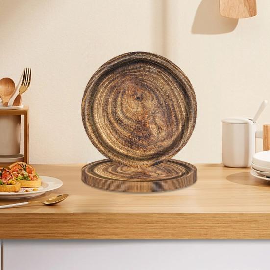 10Pcs Round Wood Grain Paper Tray Food Grade Paper Dinner Plates Decorative Picnic Party Tableware Decoration