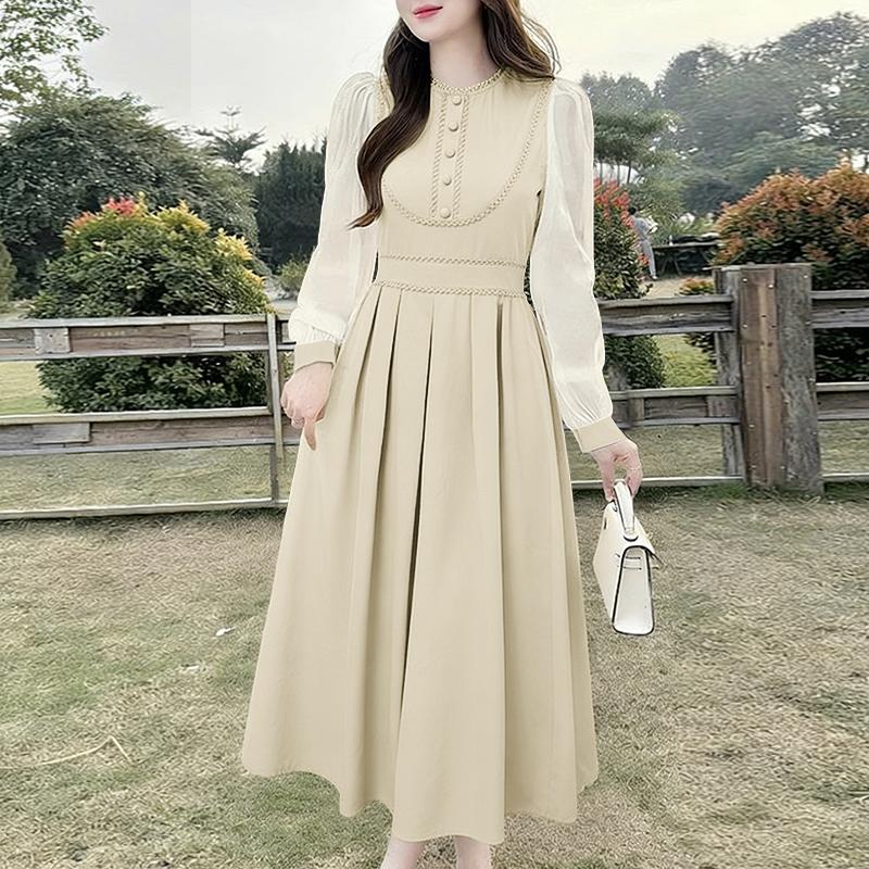 ZANZEA Women Casual Round Neck Mesh Splice Long Sleeve Dress