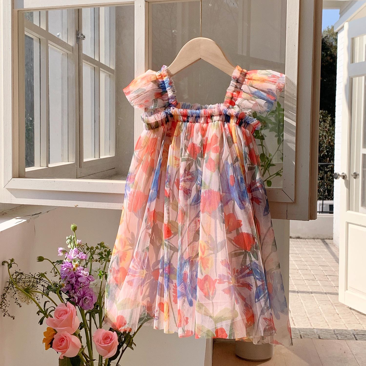 

Korean Style Flutter Sleeve Tulle Skirt Girls Summer Dress 2025 - Sweet Beach Children s Outfit 80 cm