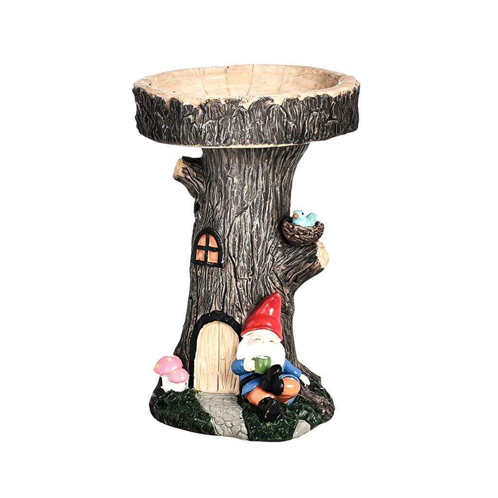 Resin Tree Stump Bird Bath with Gnome and Mushroom Figurine Outdoor Garden Decor for Yard Patio Lawn Ornament