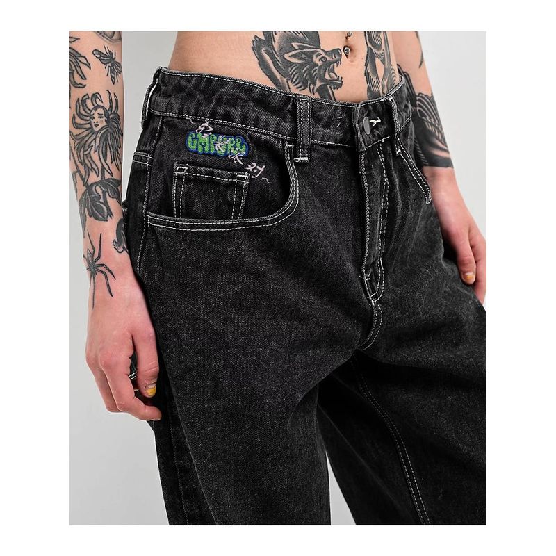 Original Single EMP * YRE Loiter High Waist Black Mineral Wash Embroider Contrast Color Stitching Loose Straight-leg Denim