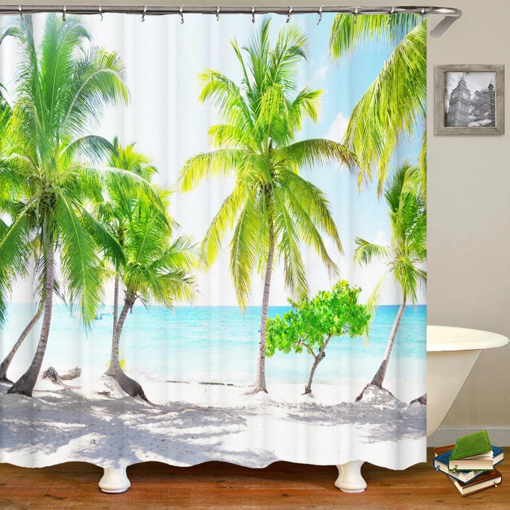 Beach Shower Curtain Waterproof Home Decoration Curtain 3D Palm Tree Seaside Beach Landscape Printed With Hooks Bathroom Curtain