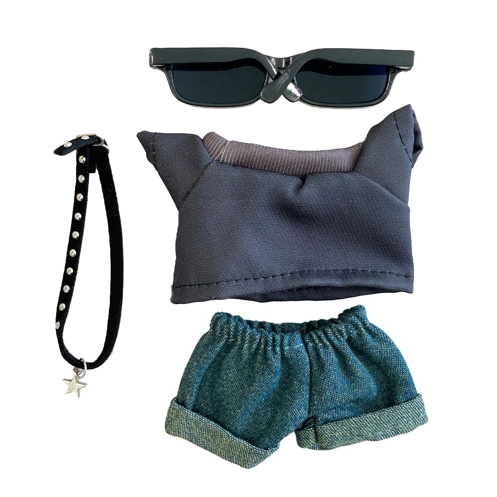 Graphic T-shirt, Jeans, and Choker Set for 15cm Doll (Black) - Plush Toy, Kigurumi, Accessories, Otaku, Doll, Mascot, Kpopdoll Costume [Used]