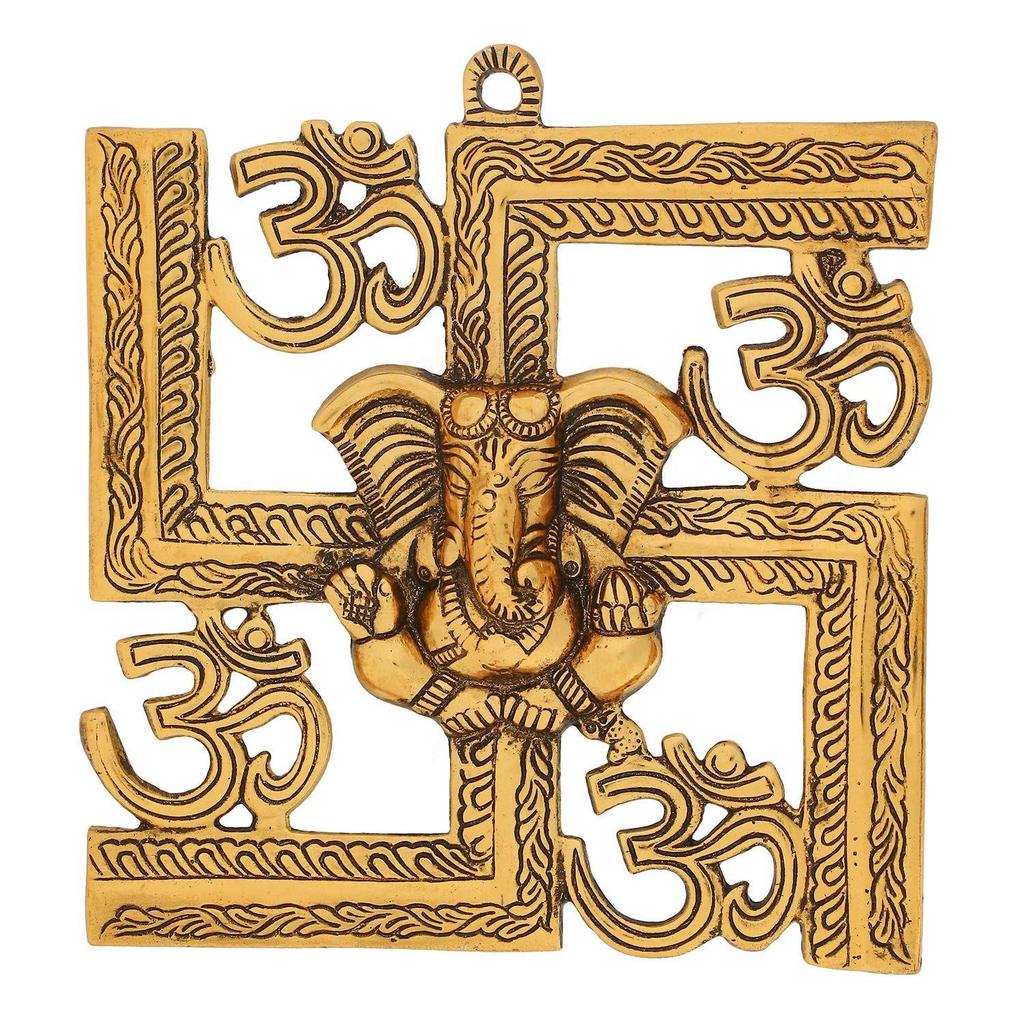 Lord Ganesha On Om Swastik Metal Golden Wall Hanging