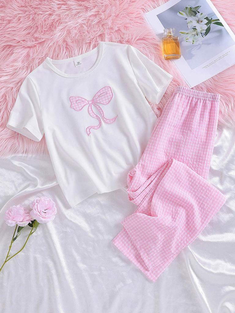 2 Pieces Girls Short Sets, Bow Graphic T-Shirt & Pink Gingham Wide Leg Pants Set for Kids Size 8-12 Years