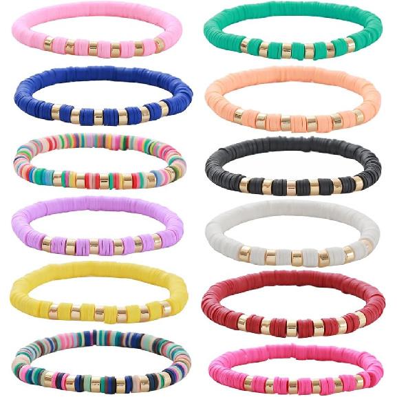 12pcs Friendship Bracelets Beaded Bracelets Heishi Bracelet Cute Bracelets Stack Vinyl Clay Disc Bead Surfer Stretch Summer Beach Bracelets For Women
