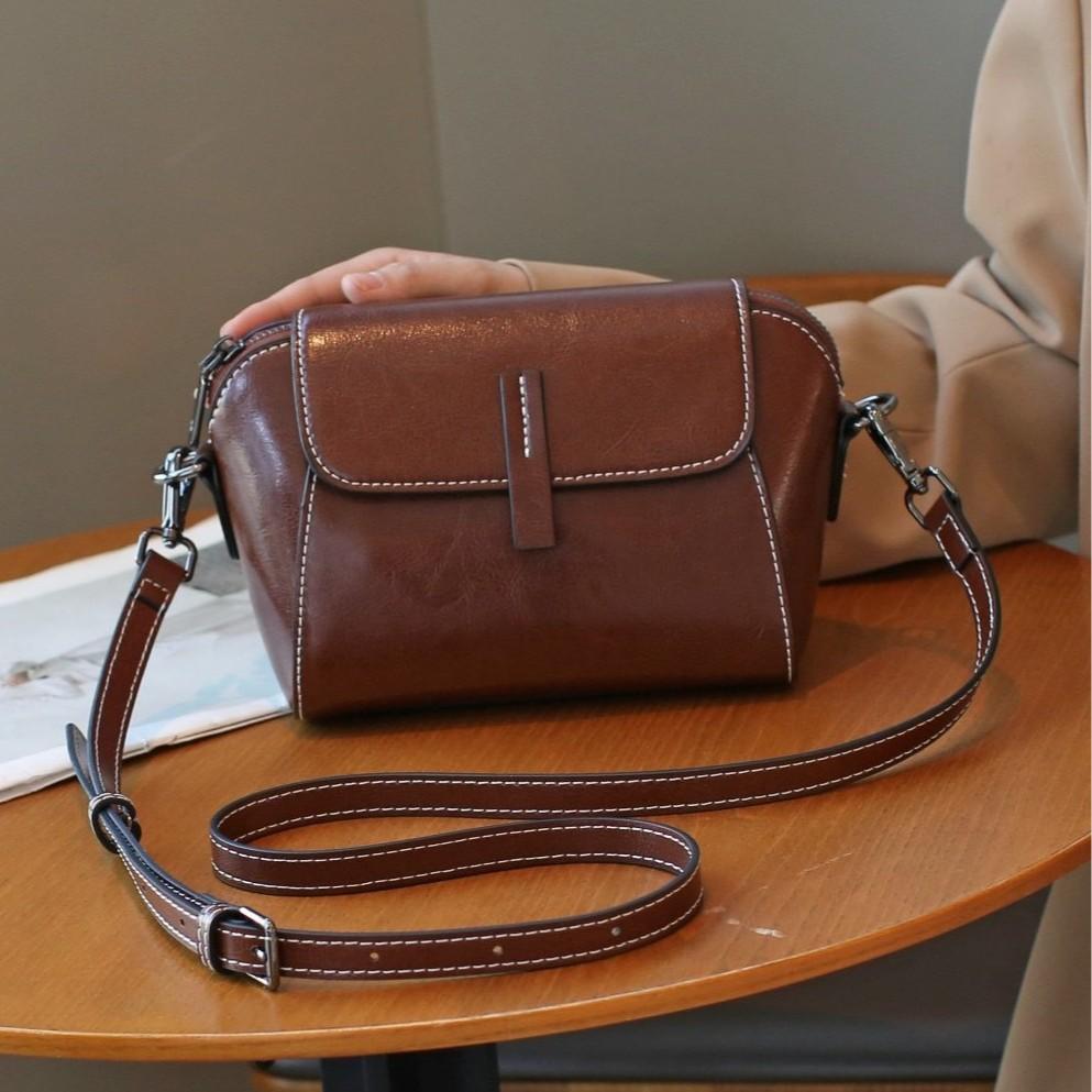 Oil wax cowhide women's bag single shoulder crossbody women's bag practical multi-compartment simple and fashionable change bag shell bag