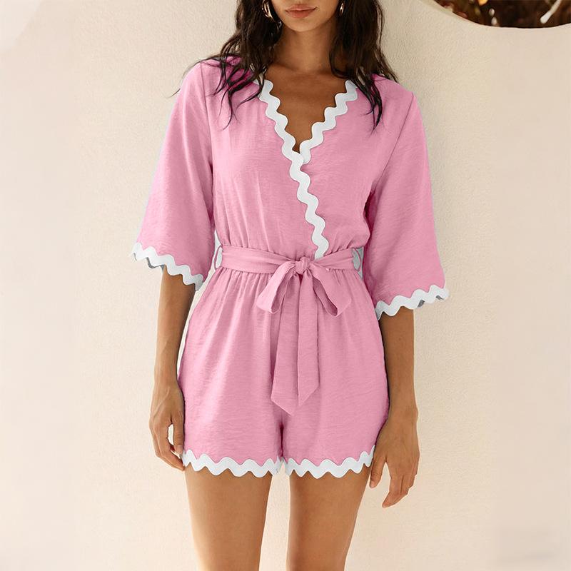 New Style Beachwear One-piece Pants with V-neck, Waist Cinching and Fringed Design, and Connected Short Pants