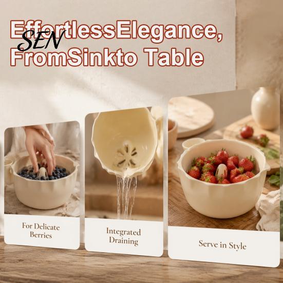 Beeren-Sieb für frische Obstschale mit Abflussloch, selbstspülende Keramikschale, dekoratives Sieb zum Abtropfen von Gemüse, zum Waschen und Servieren, Küche