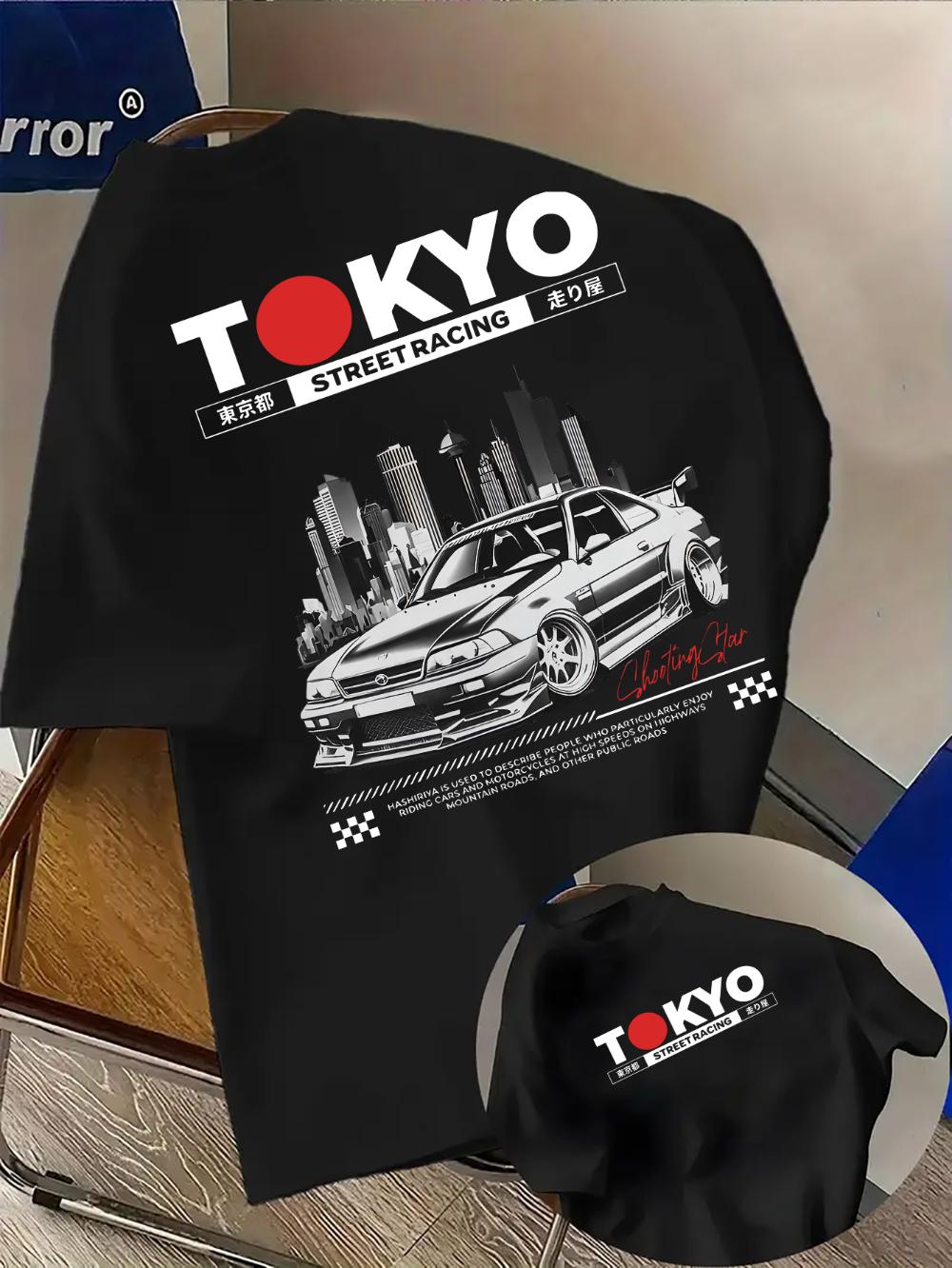 

Okyo Street Racing Letter Pattern Men S Casual Black T-Shirt Fashionable Double-Sided Print Graphic T-Shirt S разноцветный