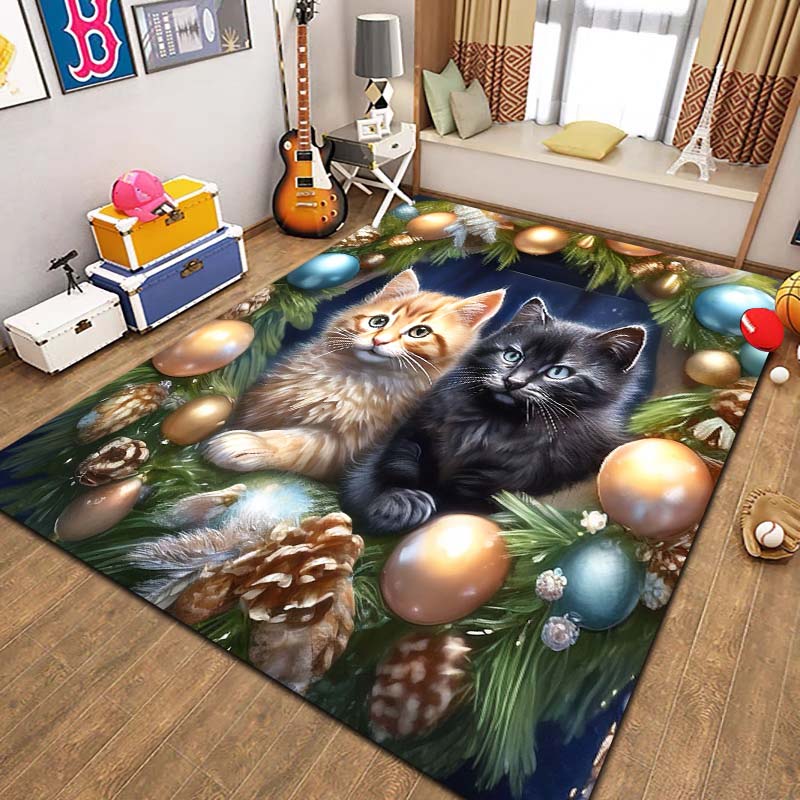 Cute Cartoon Cat Pet Animal Print Flannel Area Rug Non‑Slip Soft Floor Mat For Couch Bedroom Living Room Indoor Home Decor Gift