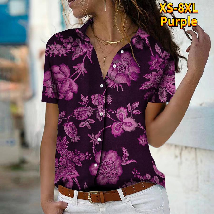2025 Summer New Fashion Women's Flower Printed Short Sleeve V-neck Casual Button-down Shirt Top