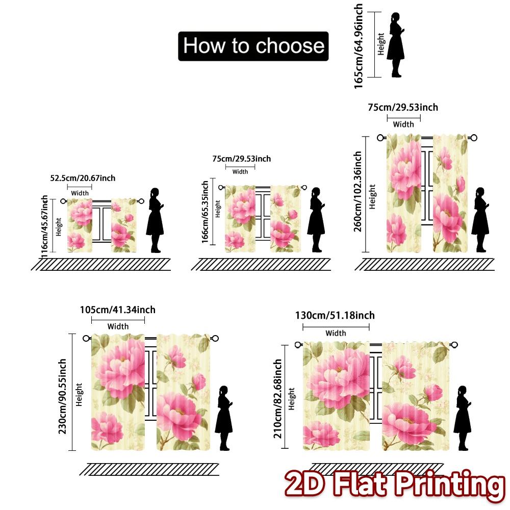 2D FLAT PRINTING 2pcs Curtains (Without Rod) Floral Pink Roses Pattern April Fools is Day Festival Creative Curtains Machine