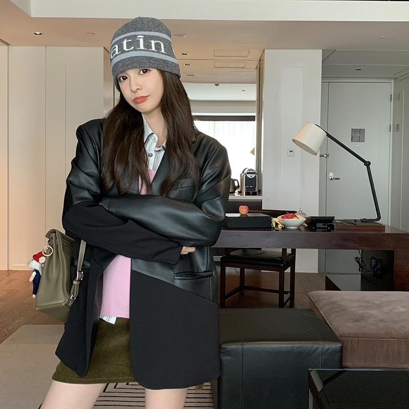 Splicing Leather Jacket Small Suit Women's Short Spring and Autumn New Korean Version Loose Casual Black Suit