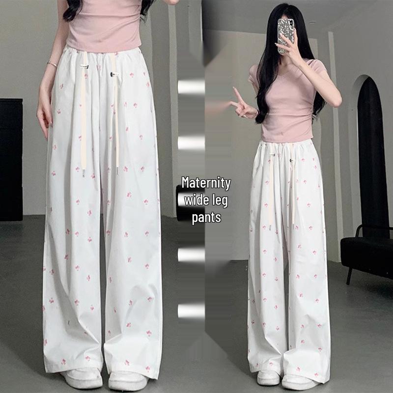 2026 Fashionable Floral Print Adjustable Maternity Wide-Leg Pants 2XL