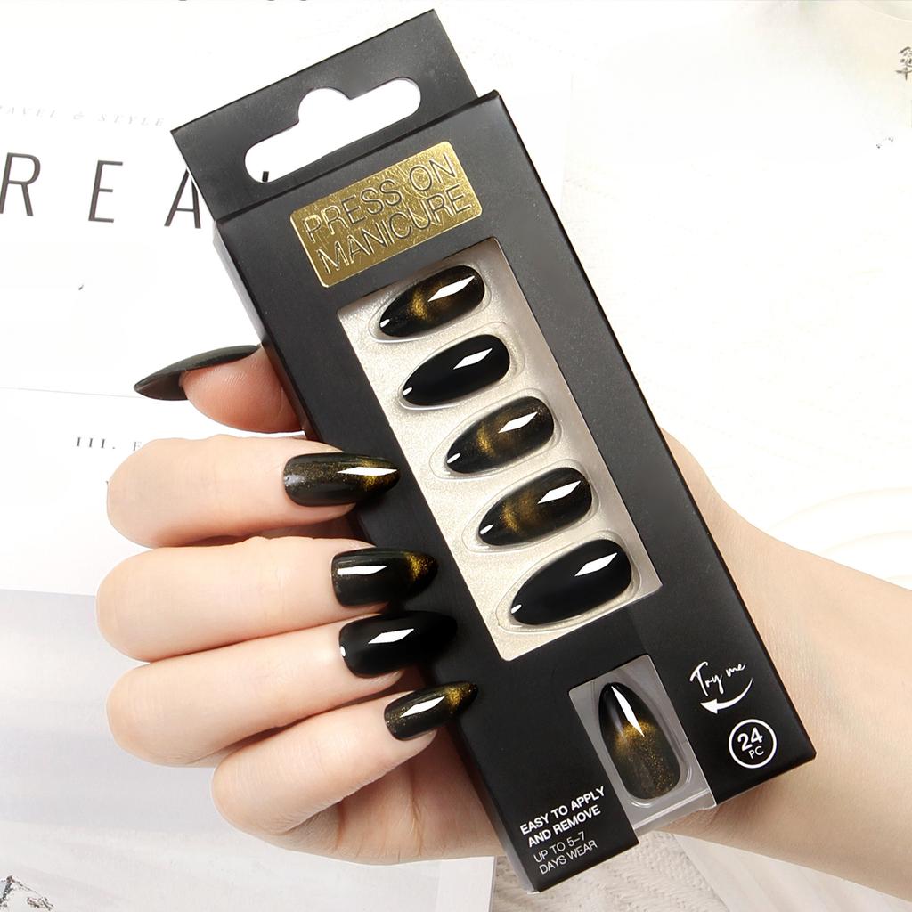 Black French Cat Eye Wear Armor Solid Color Almond Nail Finished Nail Patch 24 Pieces European and American