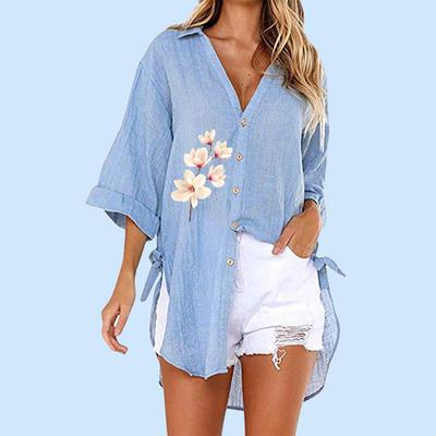 Moda Feminina Plus Size Blusas Estampadas com Flores Verão&Outono Casual Manga Meia Camiseta Senhoras Solta Decote V Abotoada Camisa Longa
