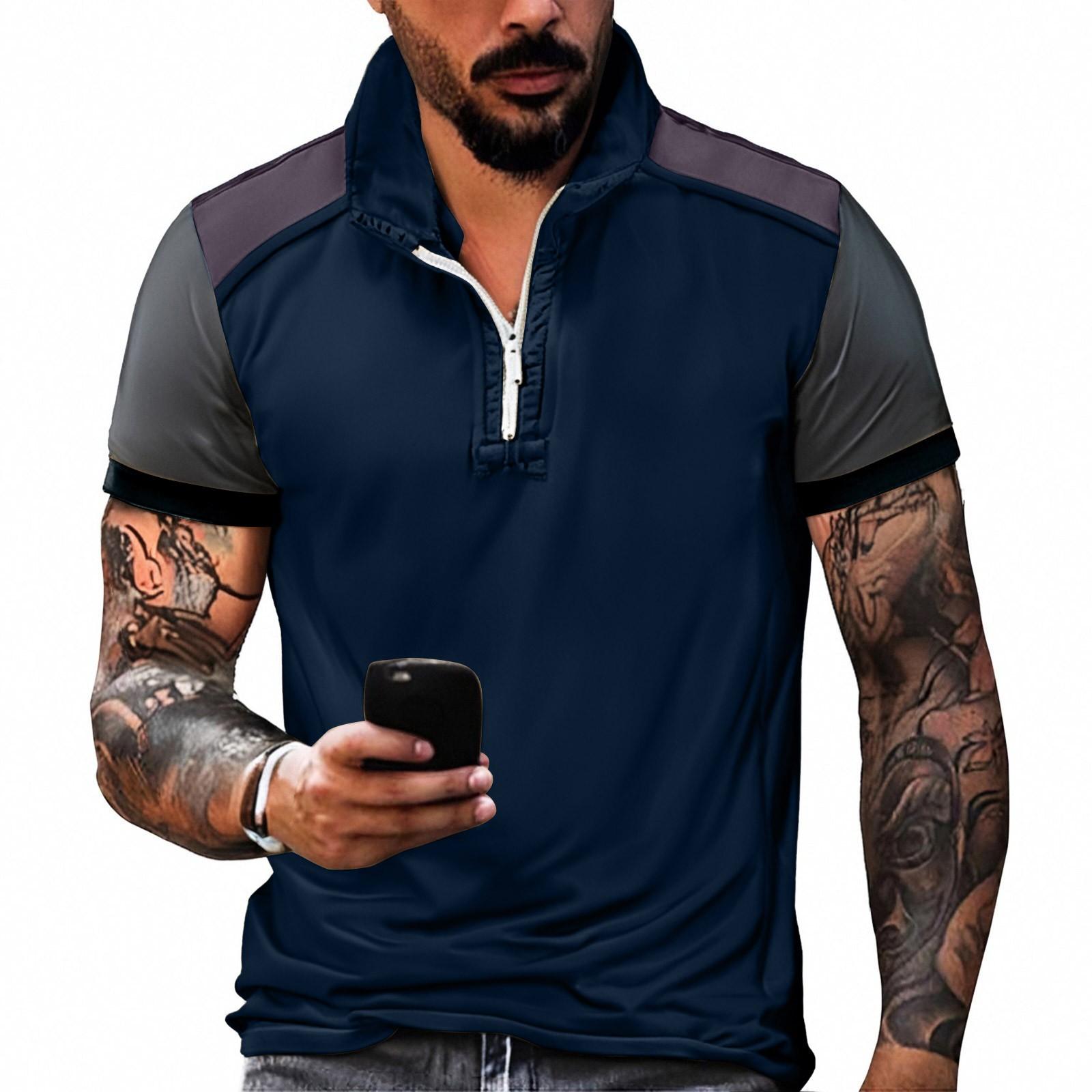 

Summer New Men s Color Matching Semi-zipper Casual Stand Collar Short-sleeved Shirt Collar XXXL Темно-синій
