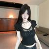 Summer Sweet Spice Girls Fake Two Piece Lace Short Sleeve T-Shirt Showing Clavicle High Waist Short Navel Slim Skinny Top