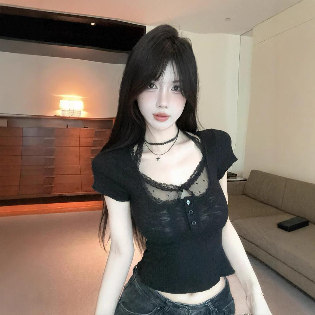 Summer Sweet Spice Girls Fake Two Piece Lace Short Sleeve T-Shirt Showing Clavicle High Waist Short Navel Slim Skinny Top