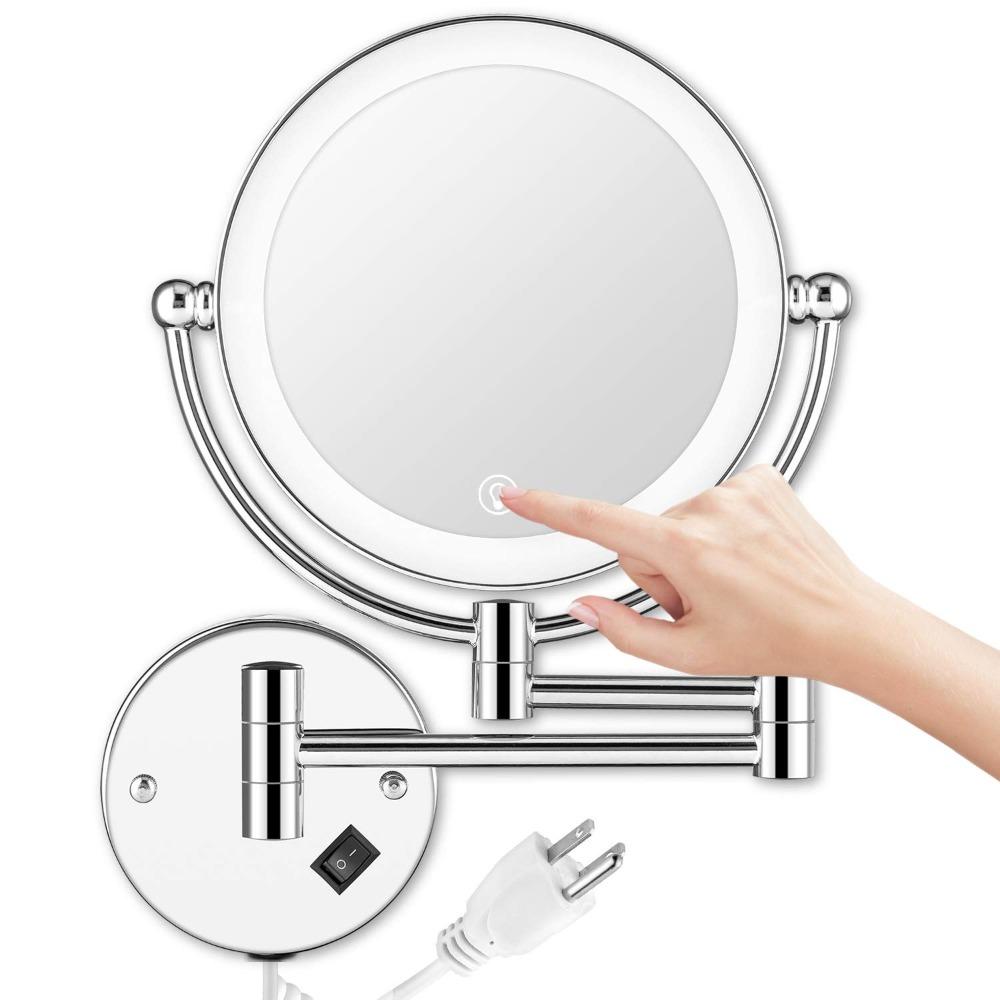 Wall-mounted lighted makeup mirror, 8-inch double-sided 1x and 5x magnification, for bathroom use, 11-inch extendable arm, 360° rotation