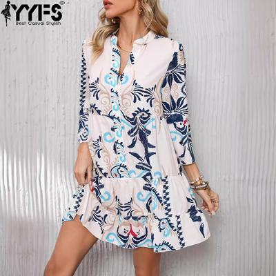Damenmode Sommer Frühling 3/4 Ärmel V-Ausschnitt Lockere Taille Freizeitkleider