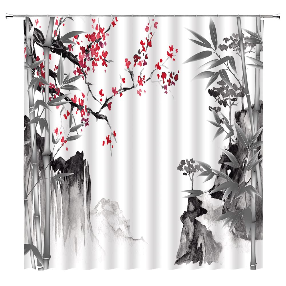 Landscape Shower Curtain Spring Season Pink Flower and Pavilion Scenery on Lake Chinese Style Bathroom Decor Hanging Curtain with Hooks