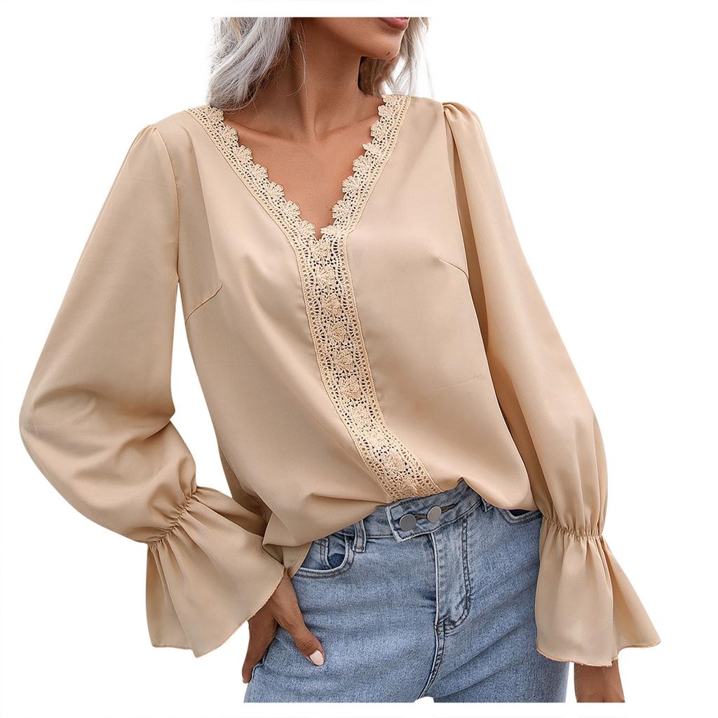Womens Fashion  V-neck Long Sleeve Flared Sleeves  Lace Base Shirt Blouse Tops