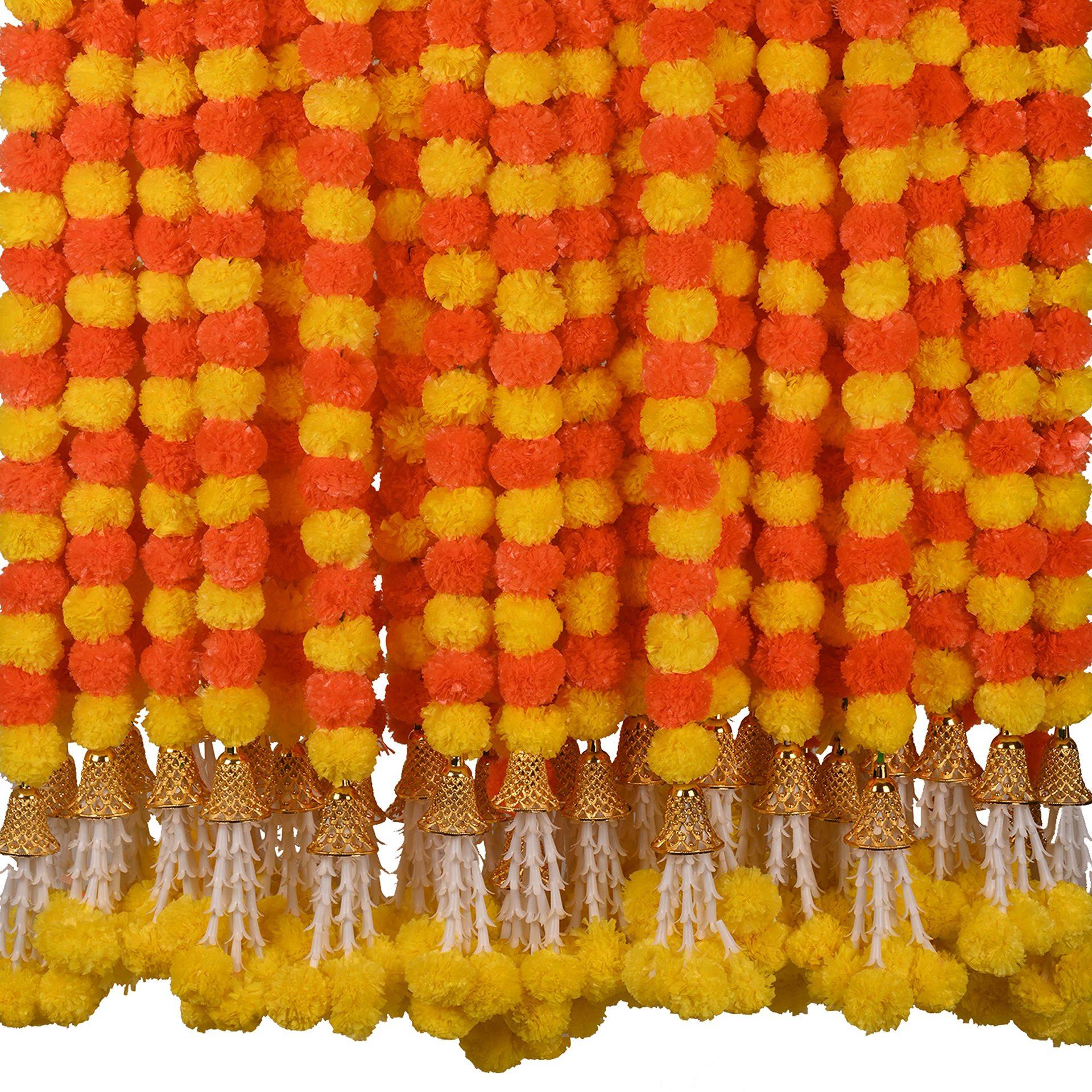 10-100Pcs Marigold Garland 5Ft Artificial Marigold With Bell For Haldi Mexican Party Fiesta Day Of The Dead Diwali Pooja Decoration 10