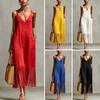Women's Sleeveless V Neck Tassel Long Dress, Fringe Hem Summer Casual Loose Dress, Spaghetti Strap Beach Vacation Sundress with Pockets