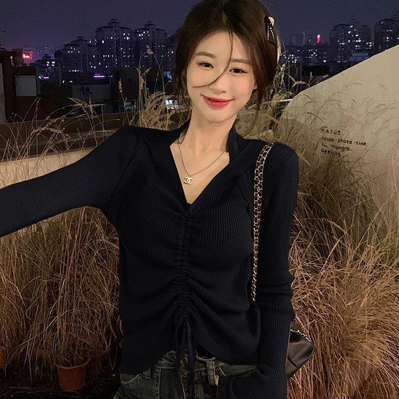 Damen-T-Shirt mit langen Ärmeln und Kordelzug vorne an der Schulter, Top für Frauen