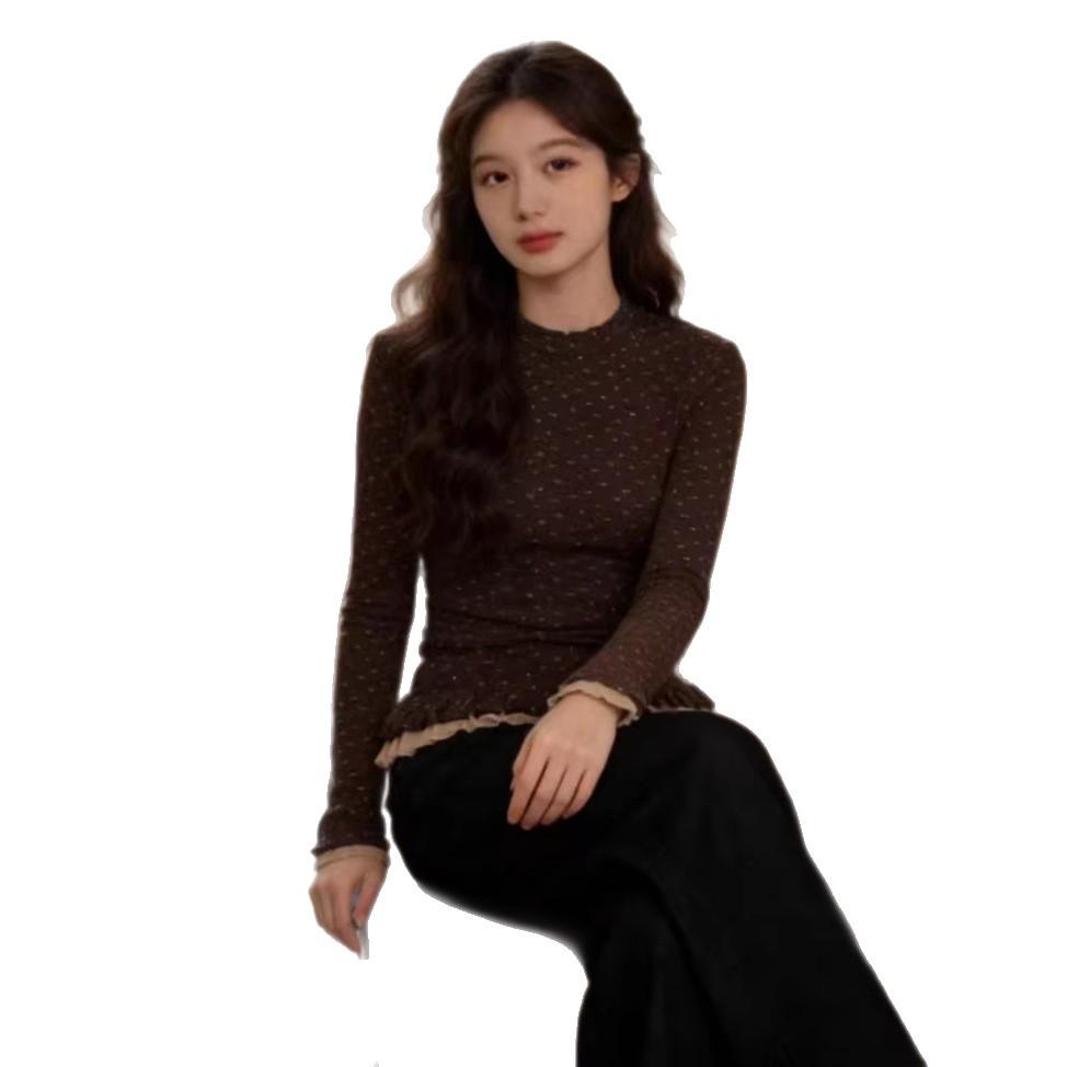 

Women s Trendy Retro Coffee Round Neck Double Layer Lace Floral Bell Sleeve Slimming T-Shirt Extra Large