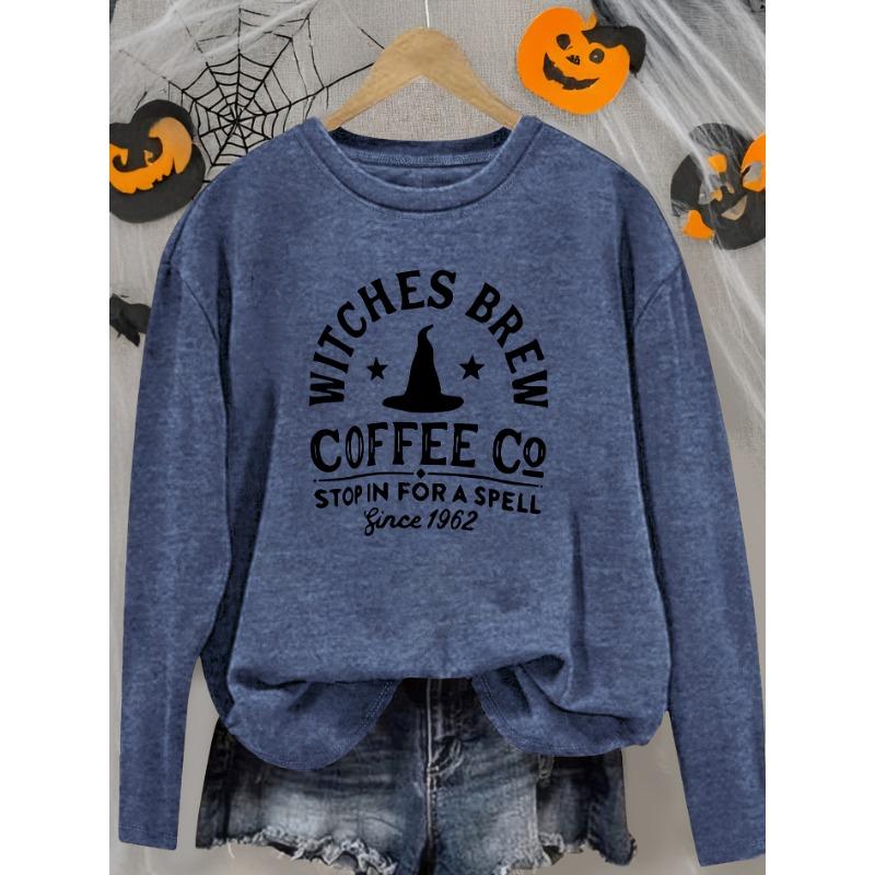 Retro Witch Hat Print Women's Graphic Round Neck Elegant Long Sleeve T-Shirt