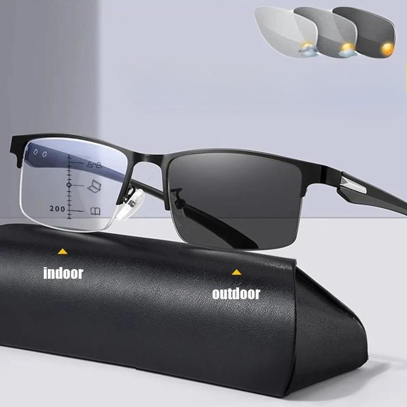 Half Frame Men Business Reading Glasses Pochromic Progressive Multifocal Far Sight Glasses Anti-blue Light Presbyopia Glasses