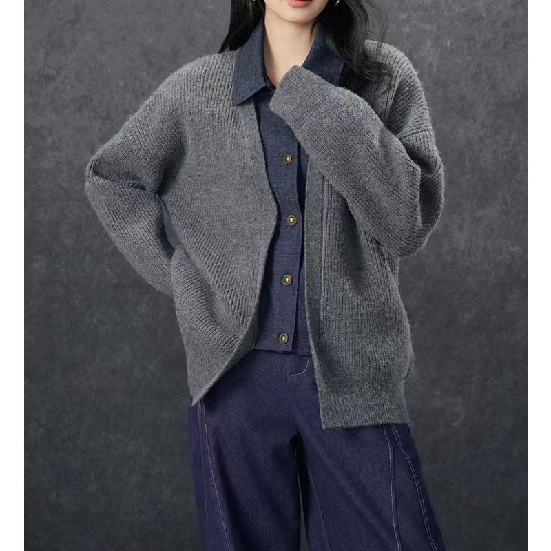 

Поддельный двухслойный джинсовый вязаный кардиган с лацканами, новый осенне-зимний, свободный, большого размера, куртка-свитер женская one size fits all серый