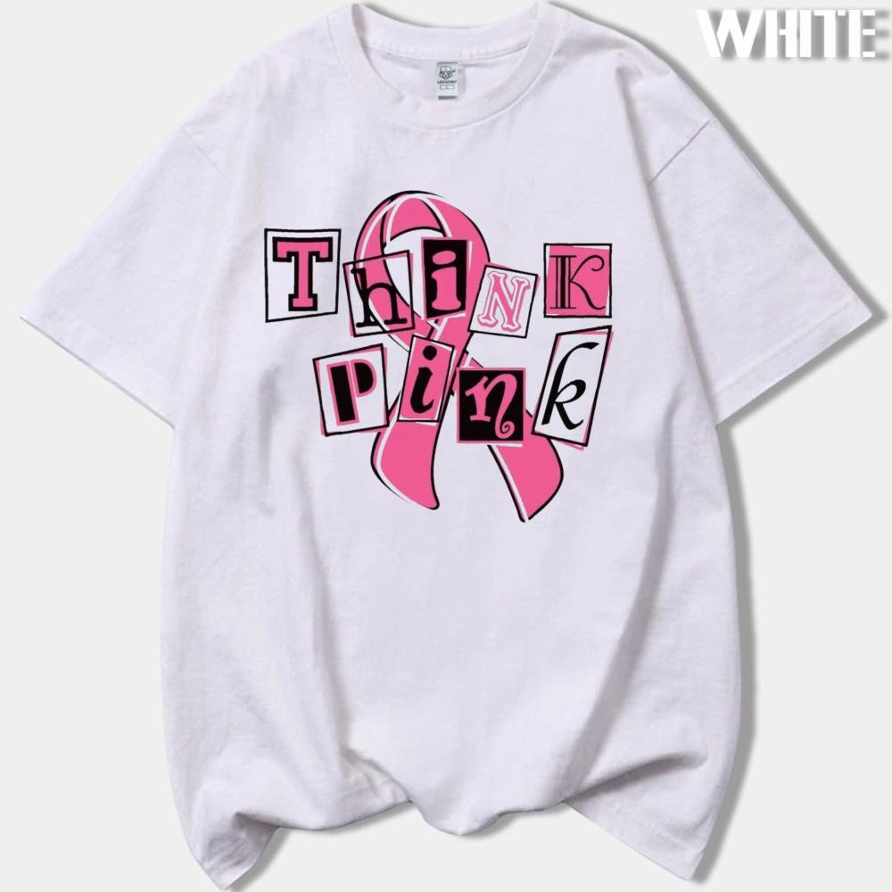 Think Pink Collage Letter Pink Ribbon Graphicunisex Summer T Shirt Breast Cancer Warrior Inspirational Casual Short Sleeve