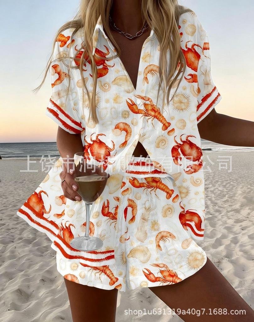 Hot Sale Casual Holiday Shirt Set Beach 1D Printed Shirt Shorts Women's Suit Customized-Made
