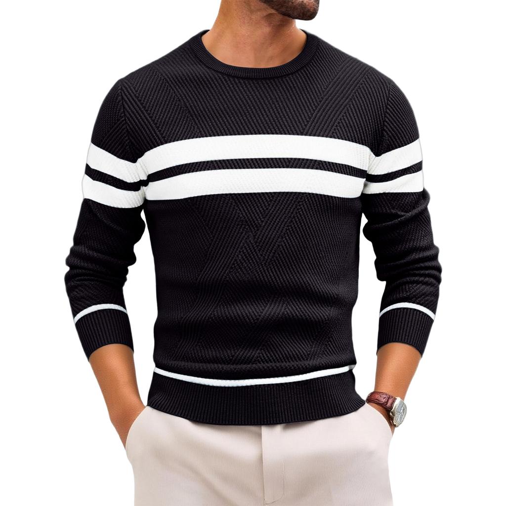 Mens Striped Print Pullover Sweater Slim Fit Lightweight Neck Long Sleeve Jumper Sweaters
