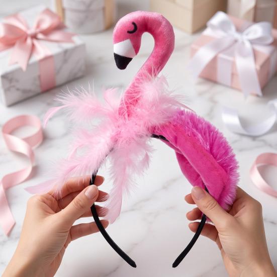 Women Headband 3D Flamingo Design Pink Feather Soft Velvet Fabric Hair Hoop Summer Beach Festival Party Hair Accessory