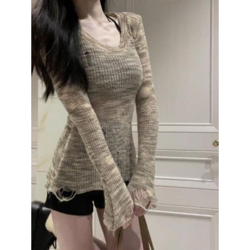 

Pure Desire American Cinched Bodycon Ripped Long Sleeves Knitwear Image color S [Recommendation 70/42.50kg]]