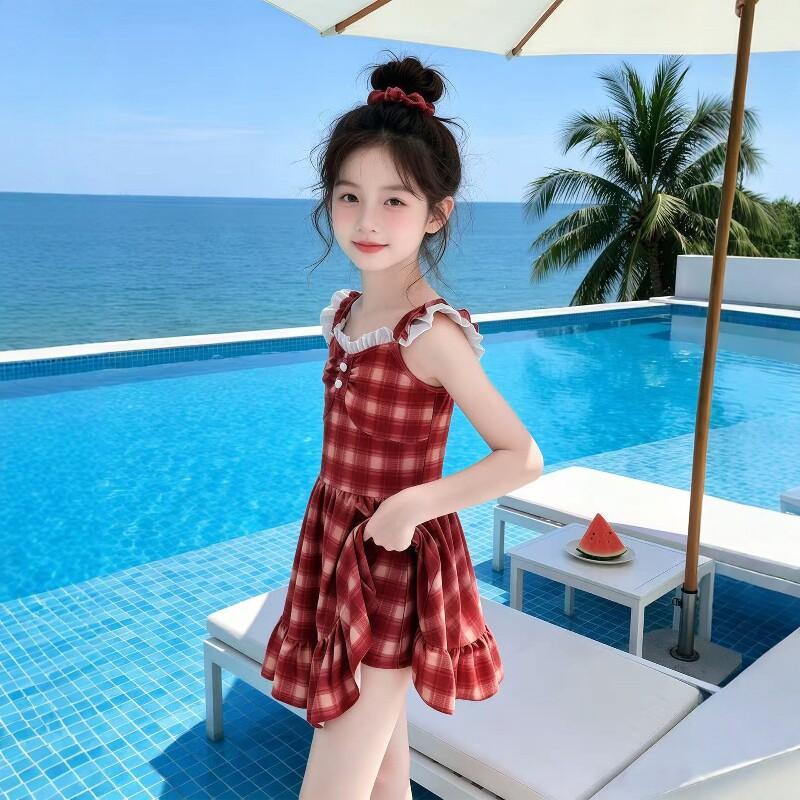 Girls Plaid One Piece Swimsuit With Skirt Summer Beach Vacation Swimwear For Big Kids