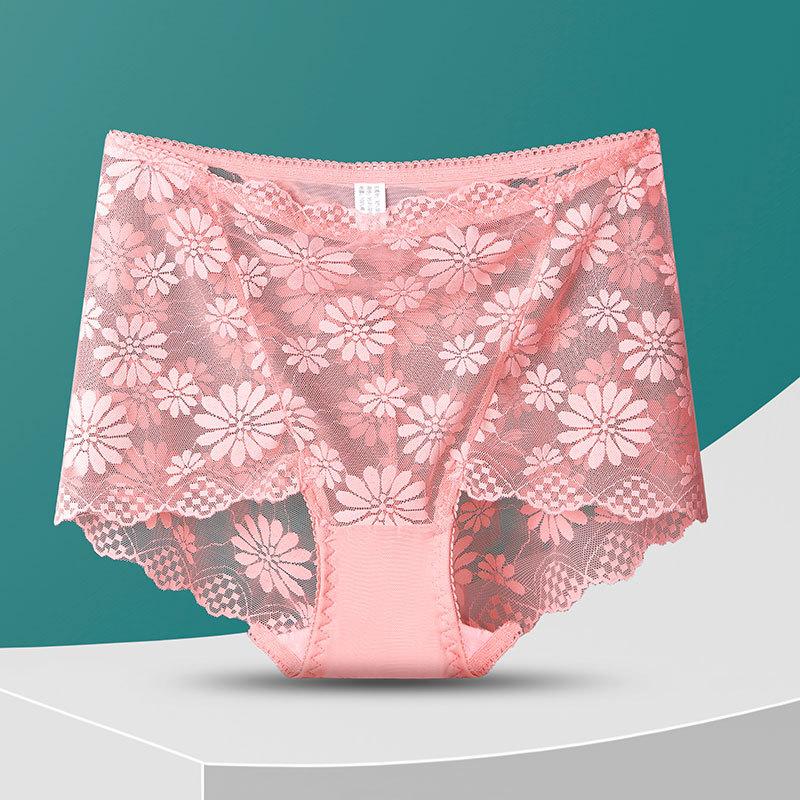 Plus Size Lady Summer Sexy Lace Hollow Out Transparent Without Mark Lift Hip High Waist Triangle Briefs