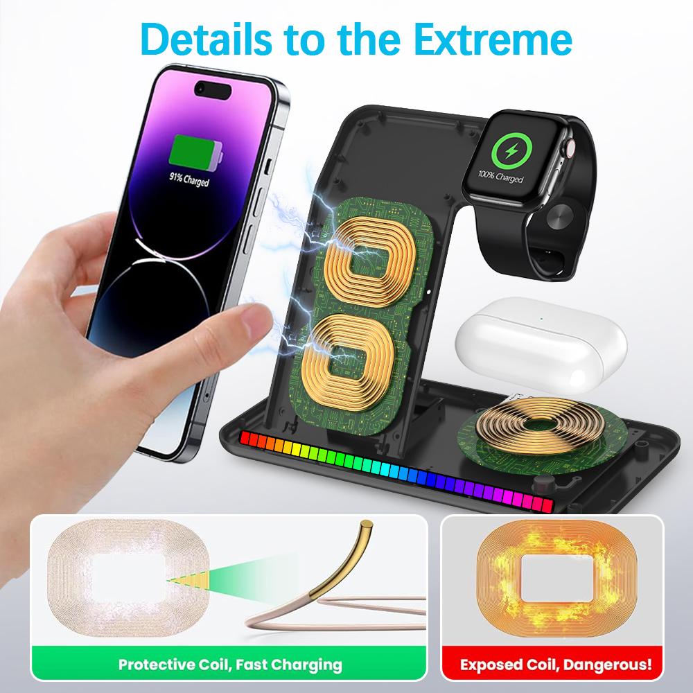 100W LED Schnell-WLAN-Ladeständer 3 in 1 Faltbare Ladestation Für iPhone 15 14 13 16 Watch 9 8 7 6 5 Airpods Pro