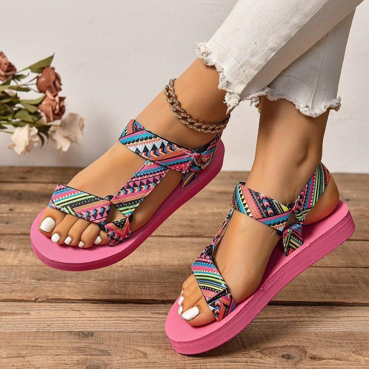 thick-soled famous style fish mouth color matching Velcro beach sandals new cloth striped women's shoes