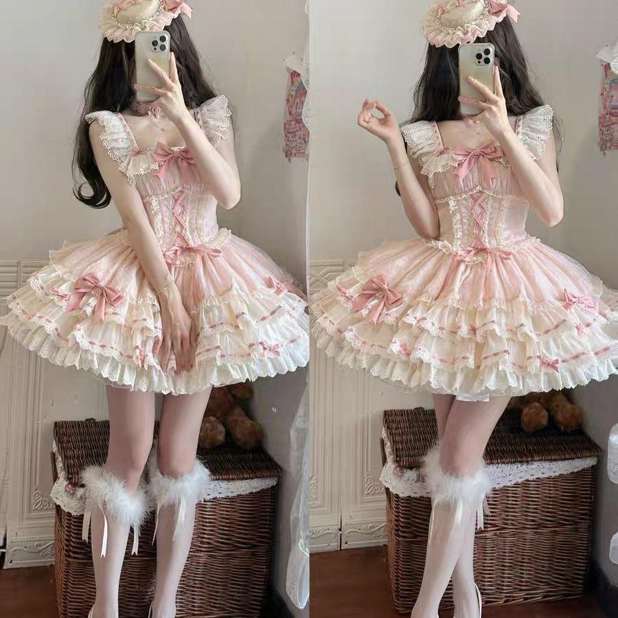 Robe Élégante Kawaii Lolita Douce Japonaise pour Femmes Y2k Design à Nœud Mini Robe de Princesse Dentelle Féminine Tenues Chic pour Anniversaire